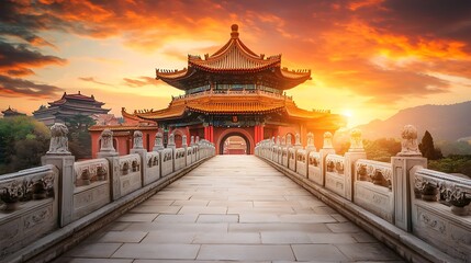 Iconic Beijing palace at sunset with bridge, vibrant sky, tourism background