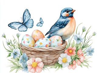 Watercolor blue bird and butterflies with Easter eggs in basket, among spring flowers, white background