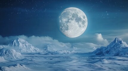 A full moon shines above snowy mountains and a distant starry night