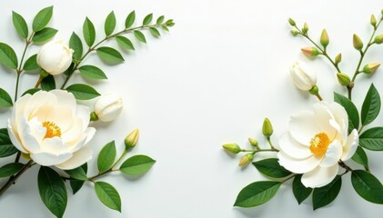 Fototapeta premium Classic white blooms & greenery; horizontal banner featuring peonies, hydrangeas, magnolias, orchids, eucalyptus, fern, & salal , elegant, spring, floral