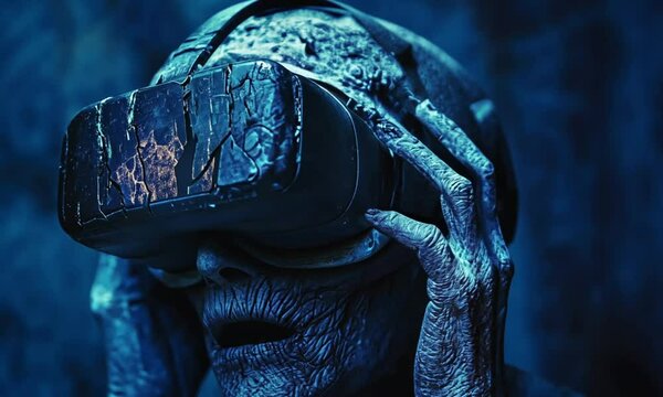 A grotesque creature wearing a cracked VR headset, illuminated by a strange light source.