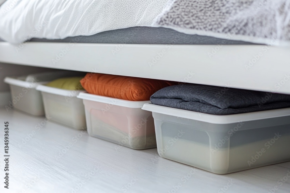 Poster A bed frame with multiple plastic storage containers placed underneath, ideal for keeping clutter organized and out of sight