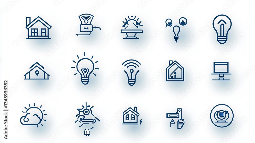 Poster a collection of 15 outline icons representing various features and elements of a smart home includin