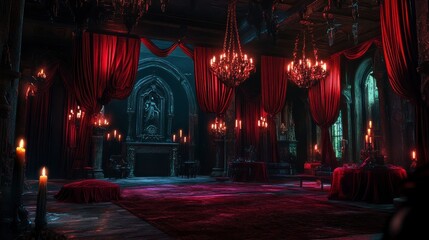Dark Crimson Gothic Room Interior with Crystal Chandeliers