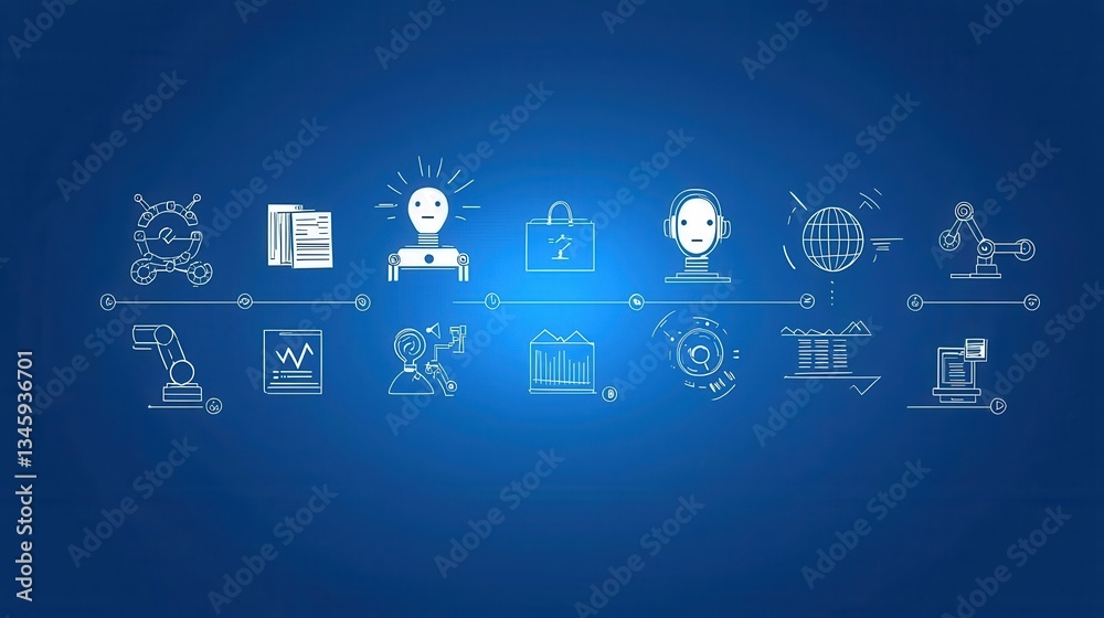 Poster a comprehensive set of stylish icons representing various aspects of business automation technology 