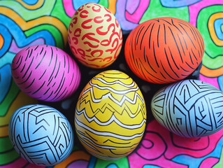 Obraz premium Colorful doodle easter eggs top down lay flat view with colourful maze