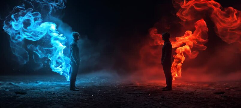 Blue and red person silhouette fight with flame effect. Politic democracy voting battle. Generative video AI technology.