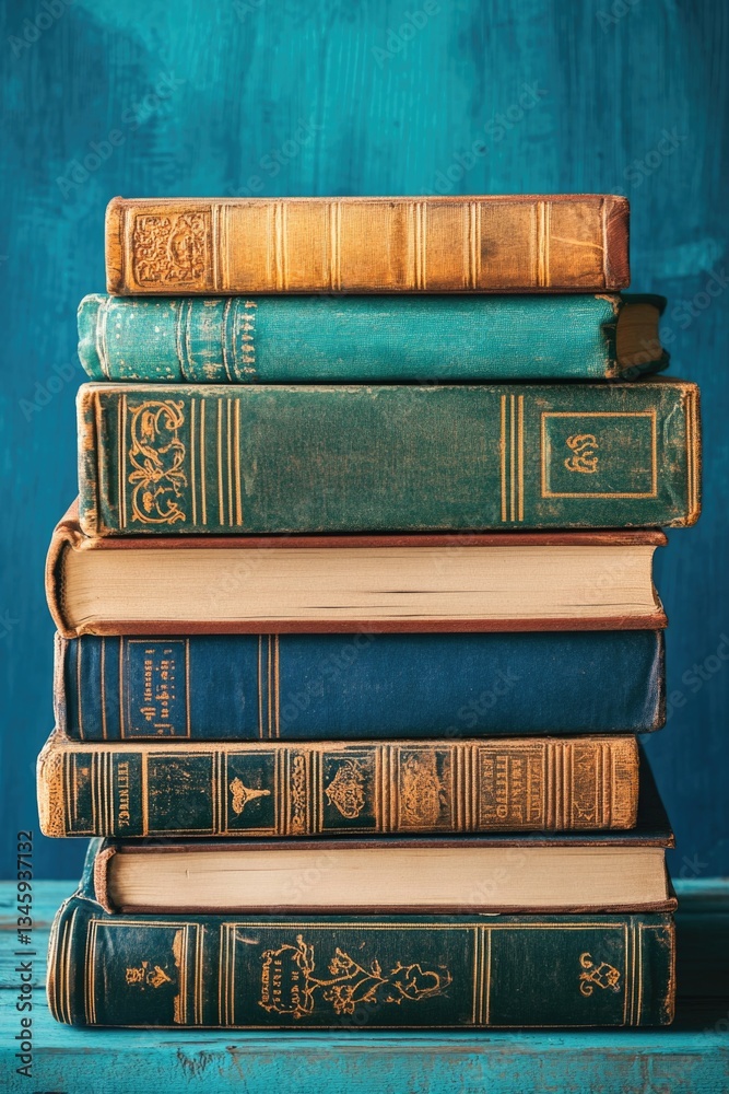 Poster books stacked on a wooden table with a simple background