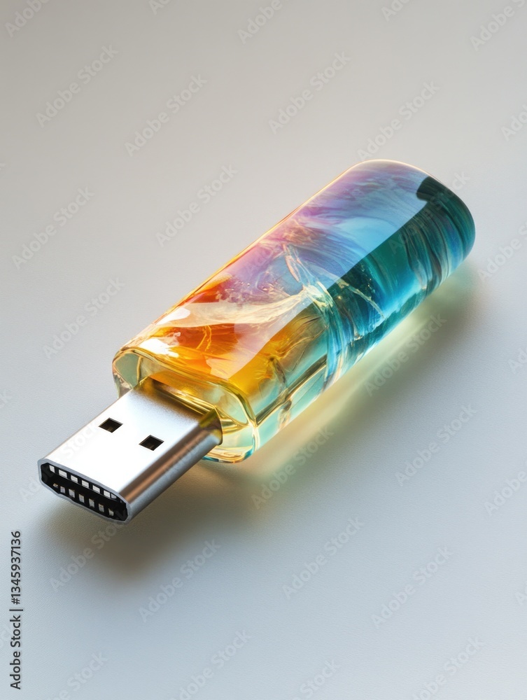 Poster a glass bottle filled with a vibrant and colorful liquid, perfect for use in science or technology i