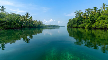 Panoramic View of a Lush Green Tropical River with Clear Water Reflecting Trees and a Blue Sky