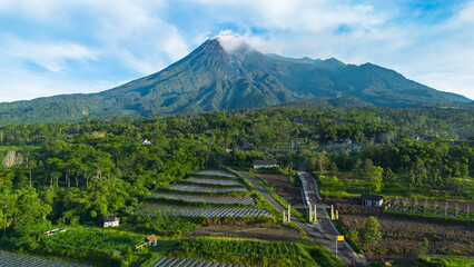 Drone photo showing the beauty of Mount Merapi in Sleman, Yogyakarta, Indonesia at sunrise. Aerial view of a volcano in the morning with a view of the forest and a branching road in front. 
