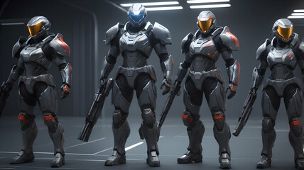 Naklejka premium Modern Armored Soldiers Futuristic Weapons Grey Suits Sci Fi Setting