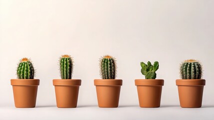 Fototapeta premium Five Small Cacti in Terracotta Pots on White Background