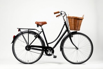 Elegant bicycle with wicker basket, clean white background , cute, wicker, spring