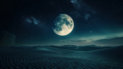A large full moon shining over desert sand dunes at night