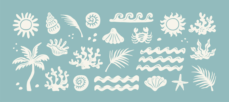 Summer boho vintage icon set. Hand drawn palm tree, sun and sea, seashells, coral, crab in naive groovy style. Tropical surf club concept, vacation and travel. Vector collage elements for print.