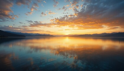 Obraz premium A beautiful sunrise over tranquil lake reflecting sky colors perfectly