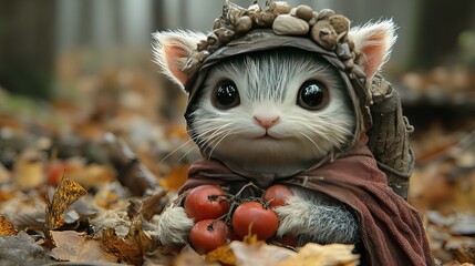 Adorable, wide-eyed kitten in a forest, holding red berries, hooded