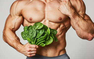 Muscular Man Holding Fresh Spinach Bunch, Healthy Eating and Bodybuilding Concept