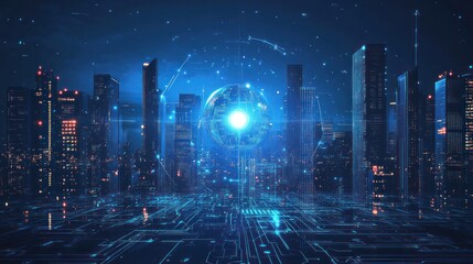 Futuristic city with digital sphere, night scene, abstract technology