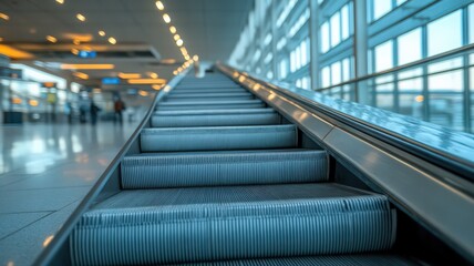 Modern Airport Escalator: Ascending Metal Steps Towards Bright Windows