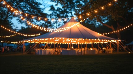 Fototapeta premium Illuminated party tent at night, outdoor event with string lights and blurred guests.