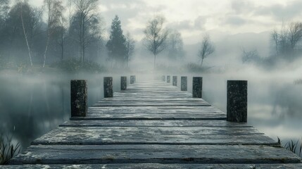 Obraz premium Misty Morning on the Lake: A Serene Wooden Dock Beckons