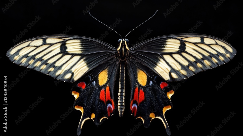 Poster A single butterfly perched on a dark or black surface, suitable for use in various themes and designs