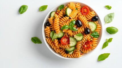 Whole wheat pasta salad with cherry tomatoes, cucumbers, olives, and basil