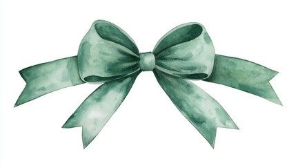 Watercolor green bow and ribbon isolated on white background