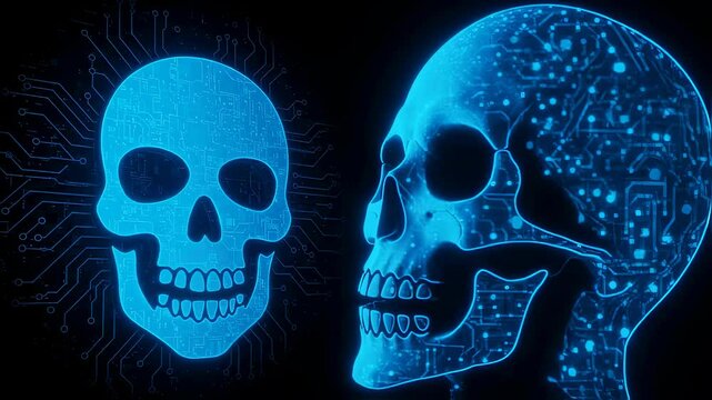Cyber attack concept motion picture. Digital skull as a symbol of computer virus on black background. Technological threat, piracy and internet danger 4k footage.