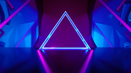A glowing neon triangular light installation in a dark futuristic setting, abstract and minimal.