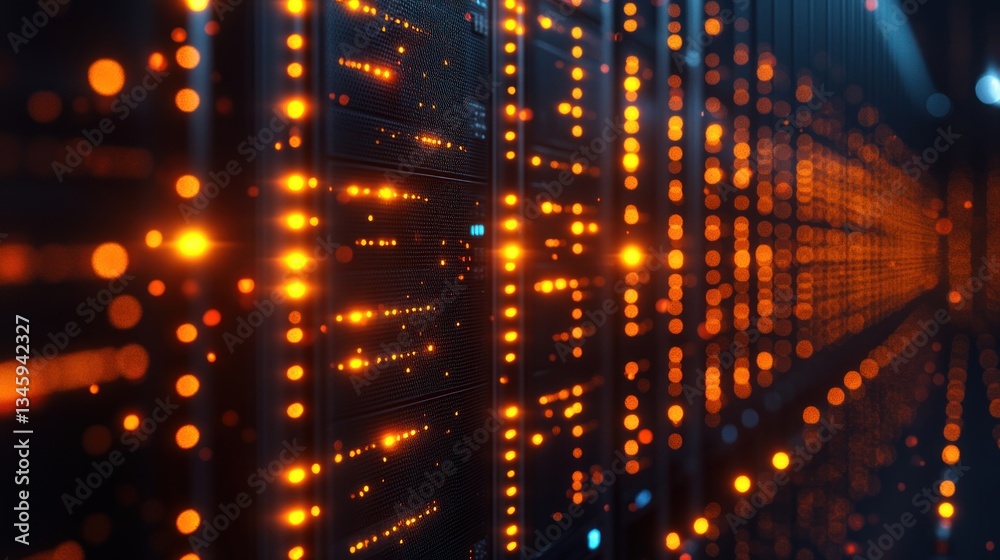 Poster Illuminated server room with glowing lights and data processing.