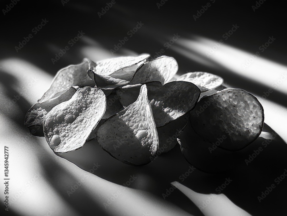 Poster a close-up shot of a stack of potato chips in grayscale