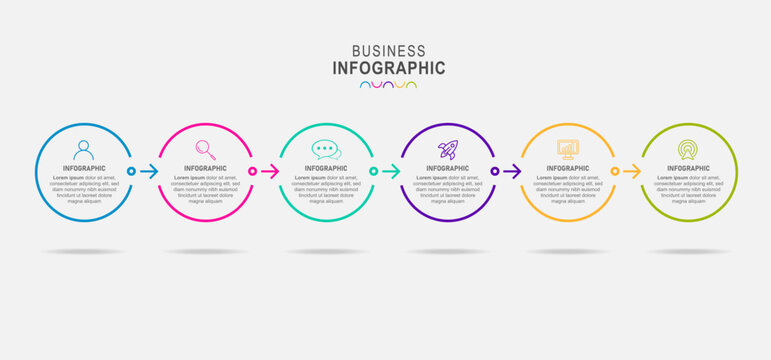 Line step infographic. 6 options workflow diagram, circle timeline number infograph, process steps chart. Linear vector infographics. Process order infographic arrow and steps point illustration