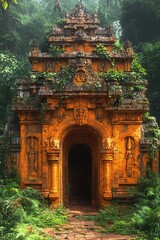 Naklejka premium Ancient orange temple, overgrown foliage. Mystical ruins hide in the jungle