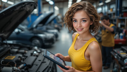 Fototapeta premium A woman is holding a tablet in a garage. She is smiling and she is happy. The garage is filled with cars