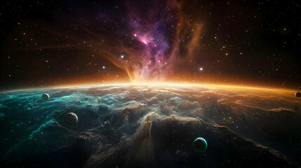 Fototapeta premium Abstract Cosmic Landscape Depicting A Glowing Nebula And Planets Against A Dark Space Background