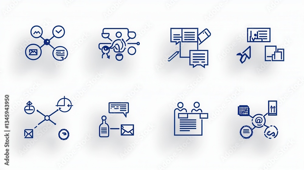 Poster a set of sleek minimalist icons representing various aspects of collaborative work from communicatio