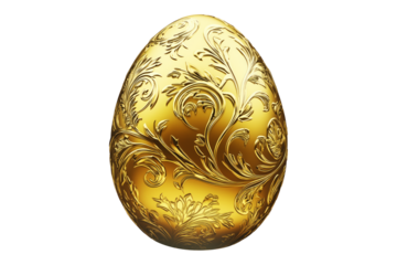 Elegant golden Easter egg with detailed floral engravings isolated on white transparent background. Symbol of luxury, wealth, and Easter celebrations