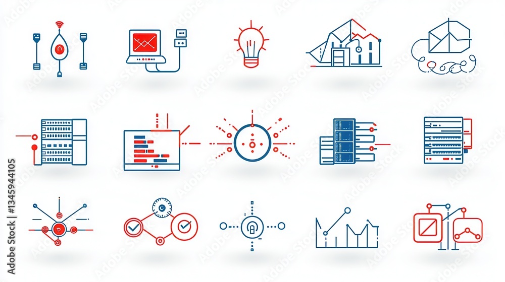 Poster collection of modern simplified line icons representing various elements of a data center including 