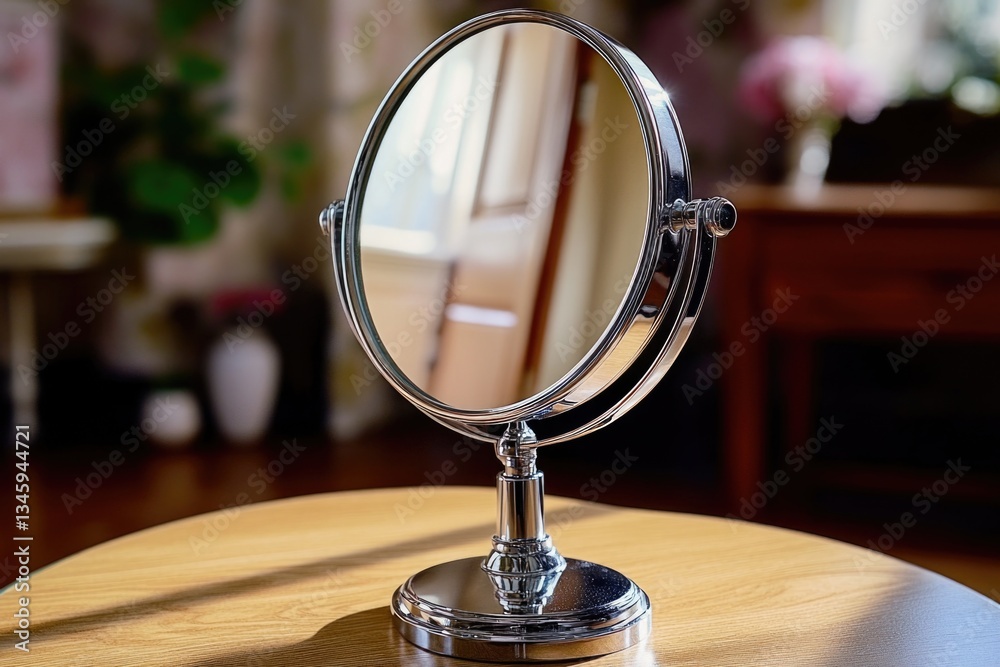 Aufkleber a mirror sits atop a wooden table in a simple setup