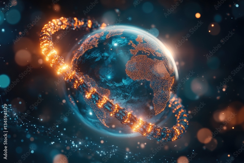 Poster a stunning blue and orange planet with a spiral pattern orbiting around its center