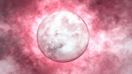 A large round moon floats in a cloudy reddish atmosphere
