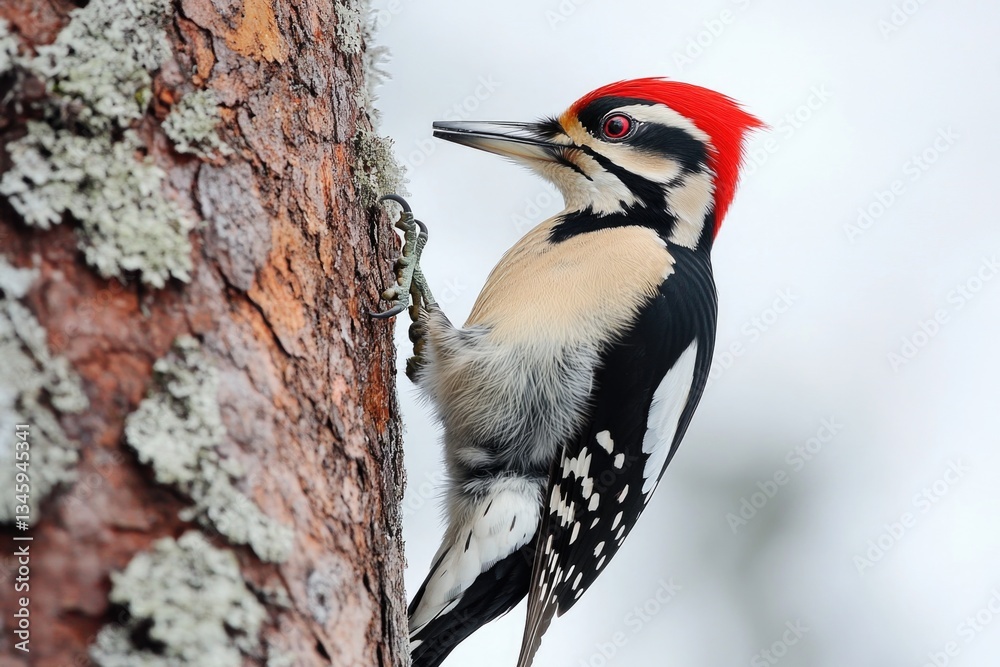 Poster a bird with a distinctive red head stands proudly on a branch, surrounded by lush foliage