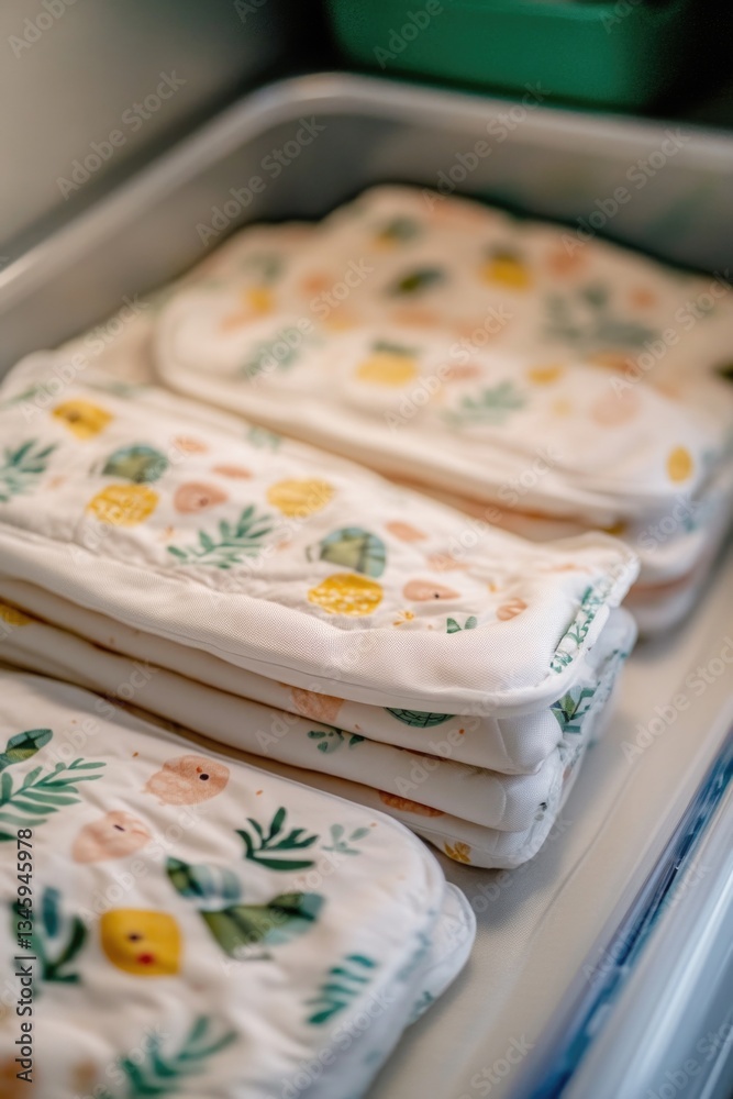 Poster close-up view of a tray filled with various cloths, ideal for use in product photography or textile 