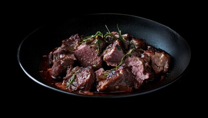 Tender cooked meat pieces beautifully arranged in a black bowl