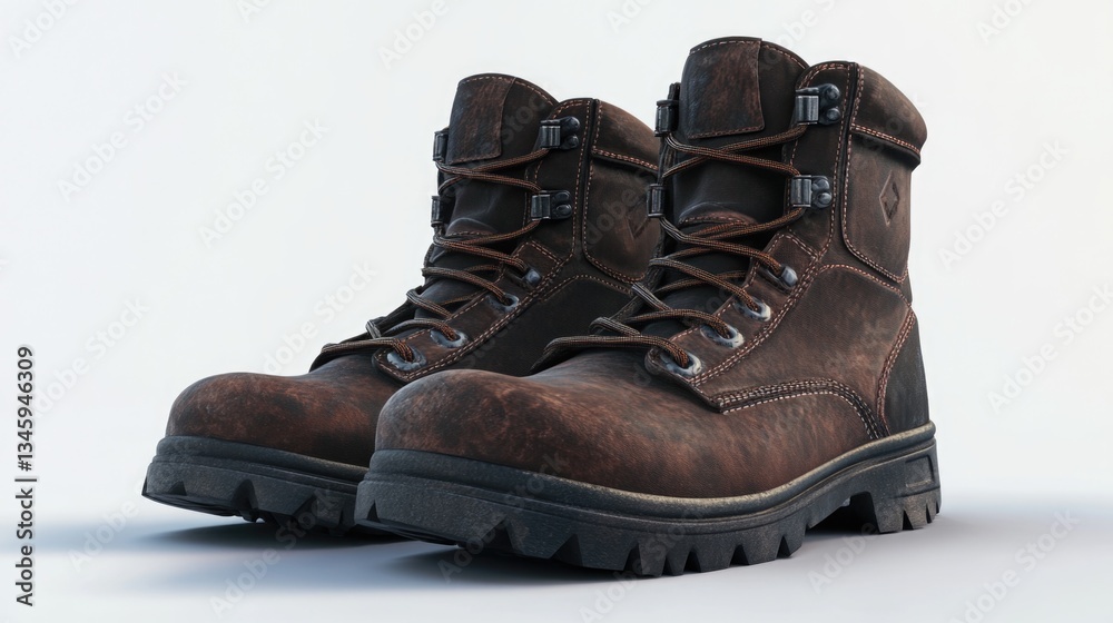 Poster A pair of brown work boots sitting on a white surface, perfect for use in DIY tutorials or construction-themed images