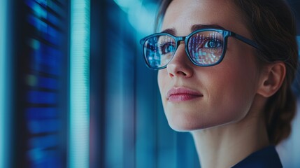 Innovative tech professional analyzing data trends modern office portrait photography bright environment close-up perspective future of technology