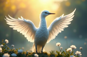 Obraz premium A majestic bird spreads its wings in a serene meadow, bathed in warm sunlight